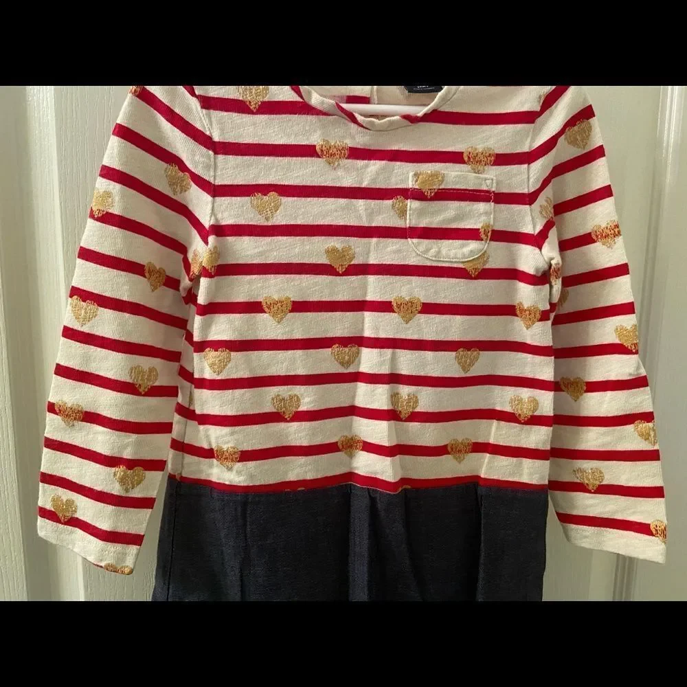 Baby Gap Long Sleeve Dress Red Striped Gold Hearts Chambray Skirt Girls Size 4T